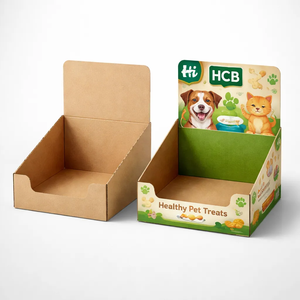 Two upright retail boxes with hanging tabs, one blank and one with a transparent window showing dog leashes. class=